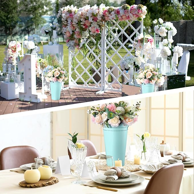 Irenare 12 Inch Vintage Galvanized Flower Bucket Metal Flower Vase Farmhouse French Bucket Planter Metal Floral Container for Party Table Centerpiece Weddings Home(Ice Blue,6 Pcs)