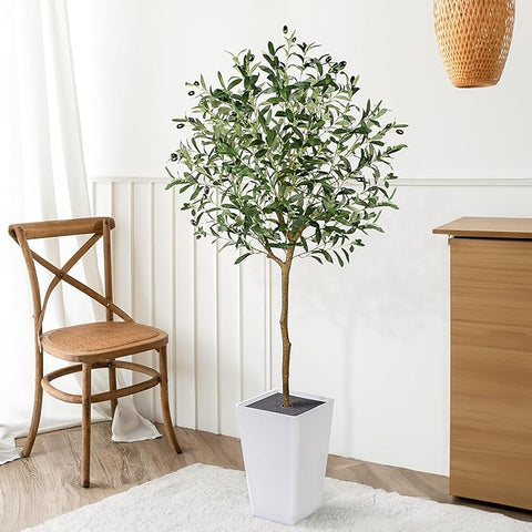 Artificial Olive Tree with White Tall Planter, 5ft Tall Potted Decorative Fake Olive Tree, Large Faux Silk Tree for Home Office Floor Room Decor Plant Indoor Outdoor, Housewarming Gift