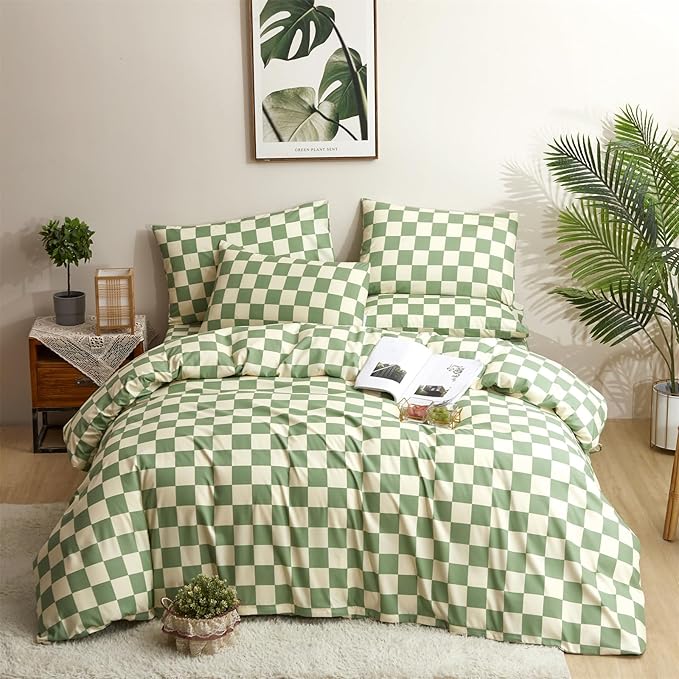 CLOTHKNOW Green White Plaid Comforter Sets Full Grid Bedding Comforter Sets Soft Checker Geometric Comforter with 2 Pillow Cases