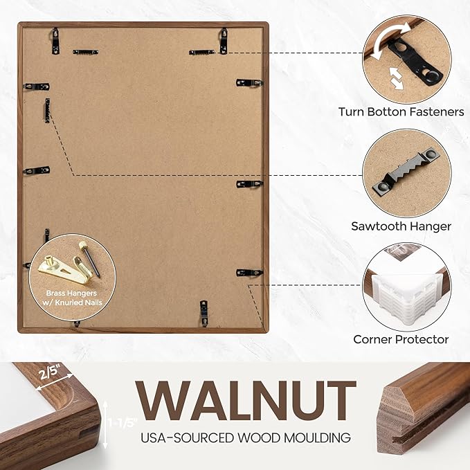 11x14 Picture Frame Set of 2, USA-Sourced Walnut Wood Photo Frame with Tempered Glass, Handcrafted Rounded Corner 11 x 14 Wooden Frame Matted to 8x10 Photos, Wall or Tabletop Display