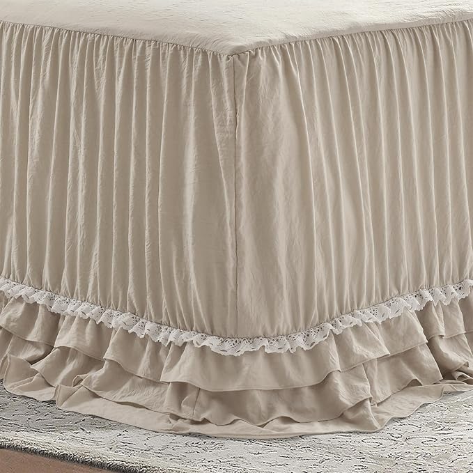 Lush Decor Ella Ruffle Lace Bedspread, 3 Piece Set, Queen, Neutral - Cute Bed Set - Queen Bedding - Beige Bedding - Coquette Decor - Neutral Ruffle Trim - Beige Lace Trim