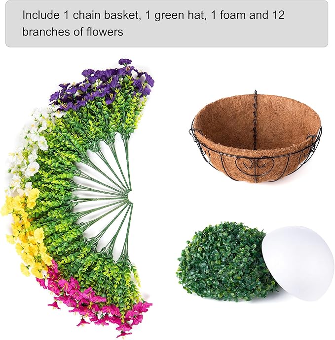 Artificial Faux Hanging Flowers Plants Baskets for Outdoors, Fake Silk Morning Glory in Planter UV Resistant Realistic Artificial Flower for Outside Porch Patio Balcony Garden Yard Home Decor