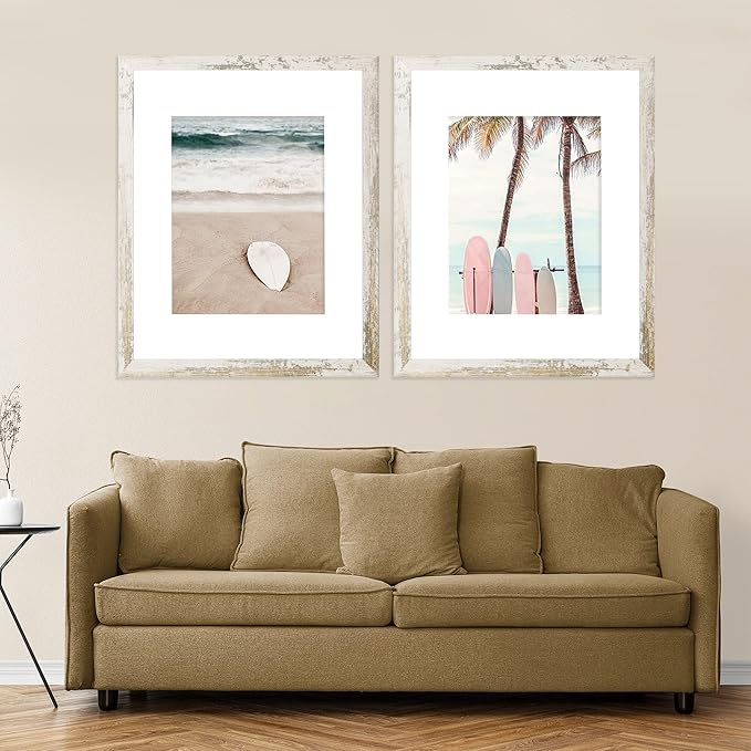 16x20 Frames Set of 2, Distressed White Wood Style - Display 16 x 20 Picture without Mat or 11x14 Picture with Mat, Wall Mounting Horizontal and Vertical