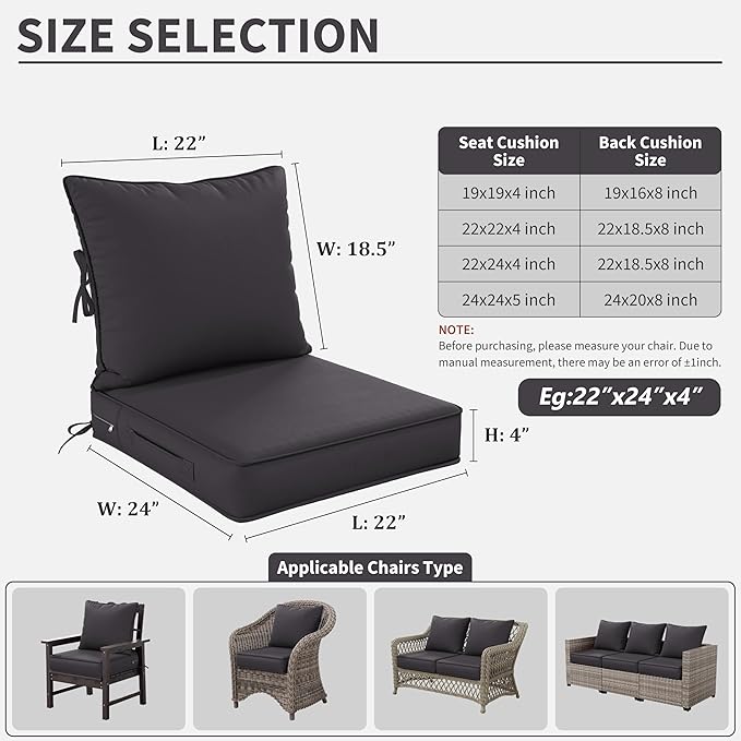Premium Outdoor Seat Cushion Chair Cushions for Patio Furniture 22 L X 24 W X 4 H Waterproof & Fade Resistant Deep Seat and Backrest Cushion Set with Removable Covers for Chair, Sofa