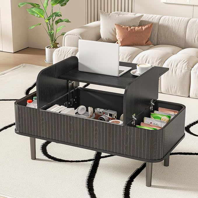 Coffee Table Lift Top, Fluted Coffee Table with Storage, Black Coffee Tables for Living Room, Modern Center Table with Metal Legs
