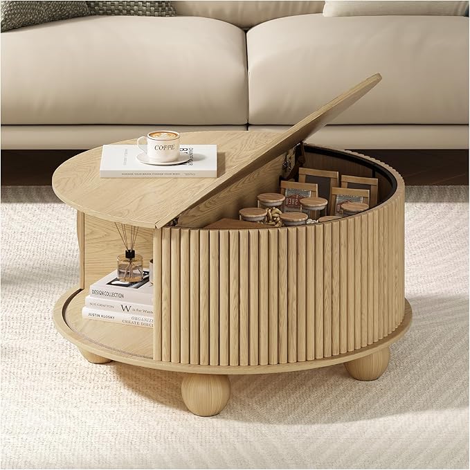 Round Coffee Table with Storage,31.5" Mid Century Modern Coffee Table with Bun Feet,Fluted Center Table for Living Room,Home Small Space,Oak