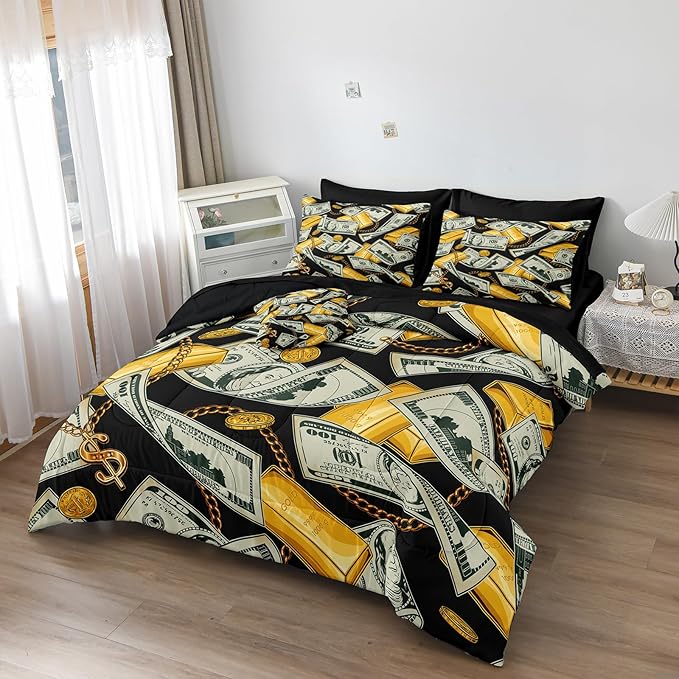 Bedorm Dollar Comforter Sets Black Gold Bedding Queen Size Bed in A Bag Money Gold Bar Pattern Rich Bedding Comforter Sets American Vintage Bed Sets