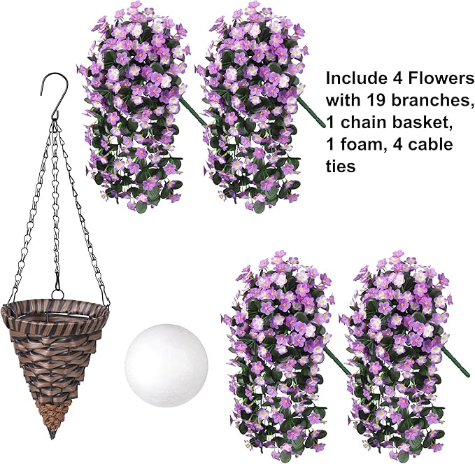 Artificial Faux Fall Hanging Flowers Plants Baskets for Outdoor Outside, Fake Silk Light Fuchsia and Fuchsia Orchid Trailing Vines in Planter Realistic UV Resistant for Balcony Porch Decor
