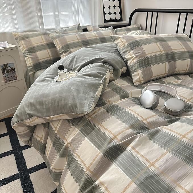 VM VOUGEMARKET Teen Boys Plaid Duvet Cover Set Twin XL Simple Farmhouse Style Cotton Green Buffalo Plaid Gingham Bedding Set 1 Duvet Cover with 2 Pillowcases