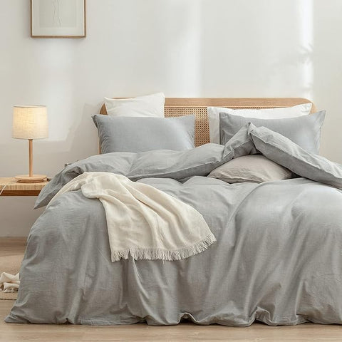 BESTOUCH Duvet Cover Set 100% Washed Cotton Linen Feel Super Soft Comfortable Chic Lightweight 3 PCs Home Bedding Set Solid Light Grey Cal King