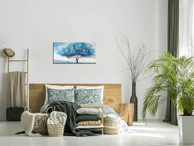 Blue Tree and White Petals Flowers Plants Wall Art Decor Artwork for Bedroom (20x40 Inches)