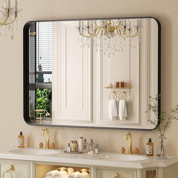 48×36 Rectangular Bathroom Mirrors for Over Sink - Aluminum Black Frame Mirror for Wall with Tempered Glass & Rounded Corners for Restroom, Entryway, Vanity, Horizontal/Vertical
