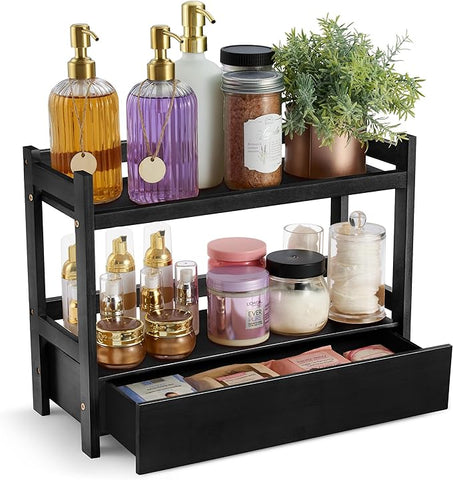 Sorbus Bamboo Bathroom Counter Organizer – 2-Tier Shelf with Hidden Drawer for Vanity, Matcha Station, Bathroom Sink Organizer Countertop, Kitchen & Office Storage (17″ L x 6.5″ W x 12.6″ H) (Black)