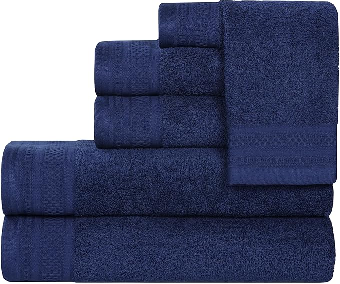 Superior Honeycomb Cotton Medium Weight Towels, for Guest Bath, Master Bathroom, Shower, Quick Dry, Adults, Home Essentials, Textured Waffle Border, Assorted Towel Set, 6 Piece Towel Set, Navy Peony