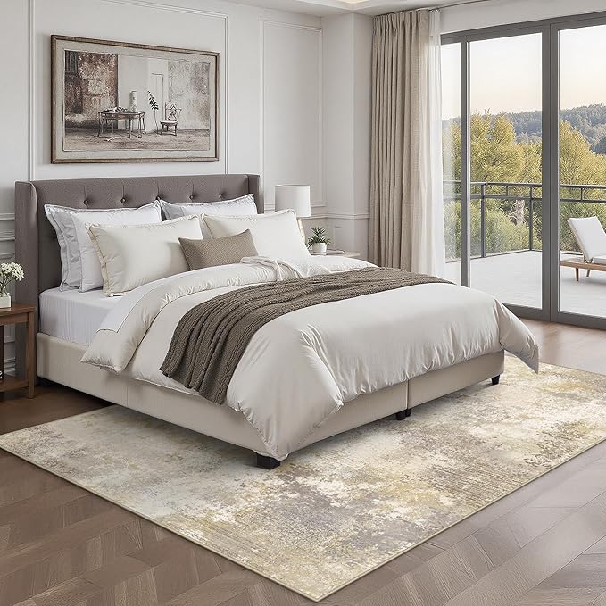 GENIMO 8x10 Washable Area Rugs for Living Room Bedroom, Modern Abstract Low Pile Soft Non Slip Rug, Contemporary Indoor Floor Carpet Cover for Dining Room Kitchen, Gray Gold
