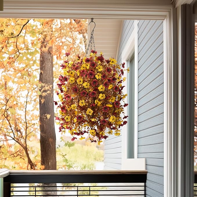 Artificial Faux Fall Hanging Flowers Plants Basket for Outdoor Decoration,Fake Silk Orange Mums planters UV Resistant Look Real for Home Porch Patio Yard Outside Autumn Decor (Brown)