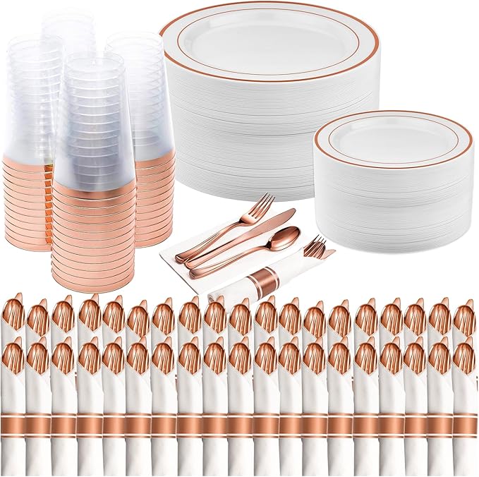 Prestee Rose Gold Disposable Dinnerware Sets - 350-Piece Plastic Dinner Set for 50 Guests, Includes Plastic Plates, Cups, Cutlery, for Weddings, Baby Showers, and Party Dining
