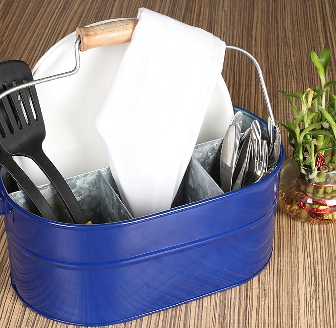 Alpha Living Home 4-Section Galvanized Utensil Caddy - Farmhouse Organizer with 4 Compartments and Wooden Handle - Versatile Storage for Kitchen, Outdoor & Party Essentials (Blue)