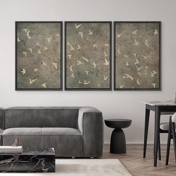 SIGNWIN Framed Canvas Print Wall Art Set Abstract Golden Birds in Flight Illustrations Modern Art Decorative Rustic Calm/Zen for Living Room, Bedroom, Office - 16"x24"x3 Black