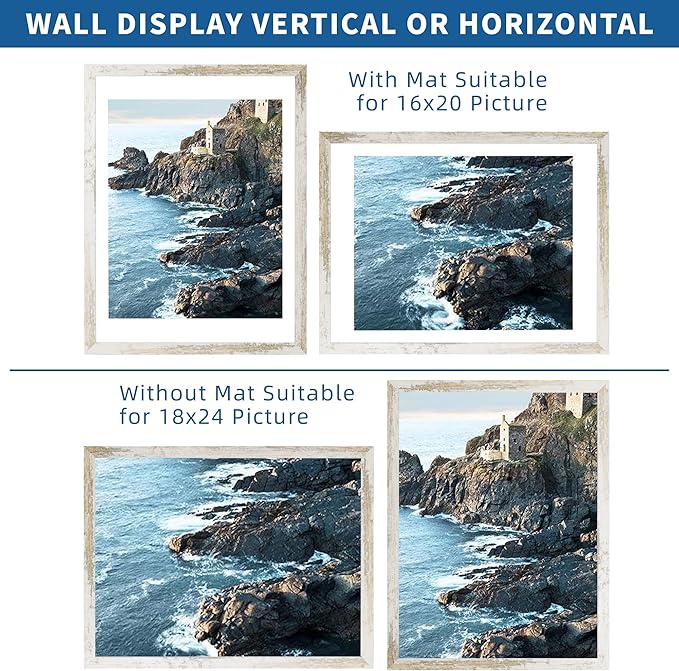 18x24 Frame Set of 2, Distressed White Wood Style - Display 18 x 24 Poster without Mat or 16x20 Picture with Mat, Wall Mounting Horizontal and Vertical