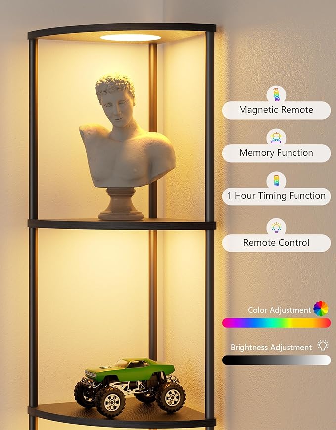 Corner Shelf with RGBCW LED Light, 64.5” Tall Floor Lamp Narrow Bookshelf Organizer, Standing Shelves with Metal Pole, Display Storage Rack for Wall Corner, Living Room, Bedroom, Office Décor, Black