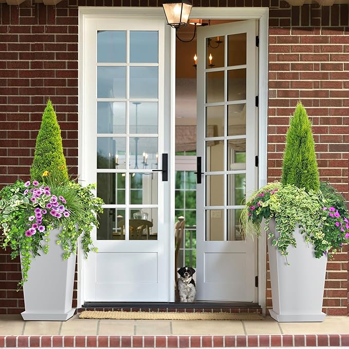 Elevens Set of 2 Tall Outdoor Planters 20 Inch, Large Planters for Indoor Outdoor Plants, Tapered Square Flower Pots with Tray for Patio, White