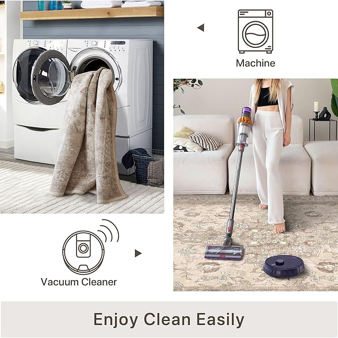 vivorug Beige 5x7 Area Rugs - Ultra-Thin Washable Rug with Non-Slip Backing, Ideal for Living Room, Bedroom, Kitchen Floor Carpet - Vintage Floral, Easy Clean, Durable, Low Pile
