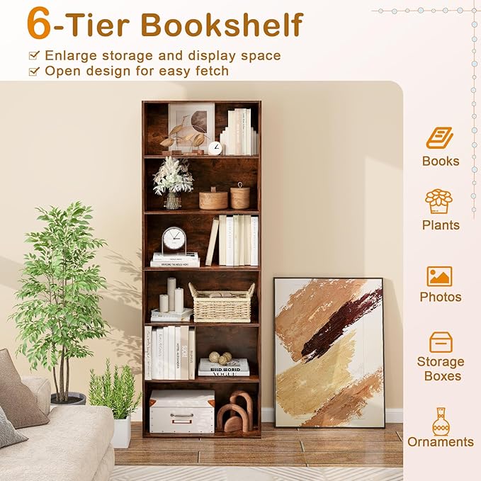 Tangkula 6-Tier Bookcase, 70” Tall Freestanding Bookshelf with 6 Open Shelves, Anti-Toppling Kits, Floor Display Storage Organizer for Living Room, Study, Kitchen, Home & Office (Rustic Brown, 70" H)