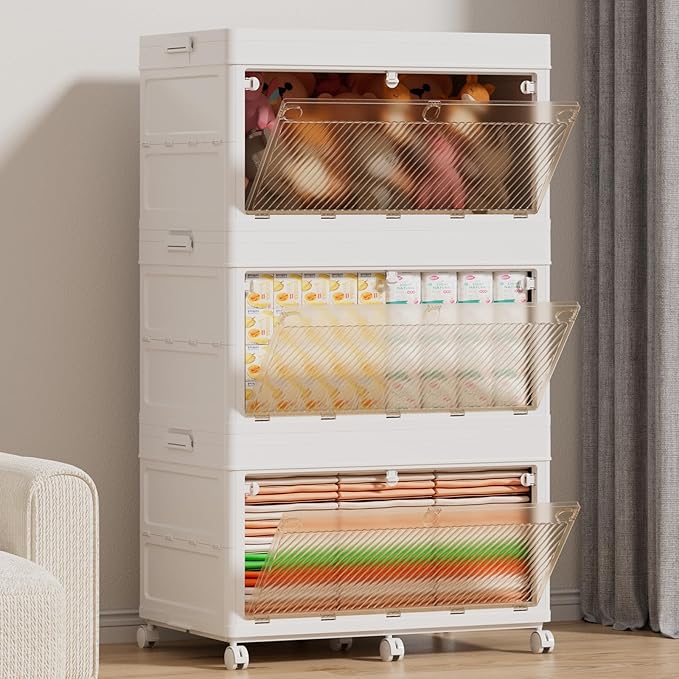 70gal / 282qt Stackable Storage Bins With Lids, 3-Tier Plastic Storage Bins With Wheel, Closet Organizers And Storage, Collapsible Storage Cabinet For Bedroom, Dorm Room, Study, Office