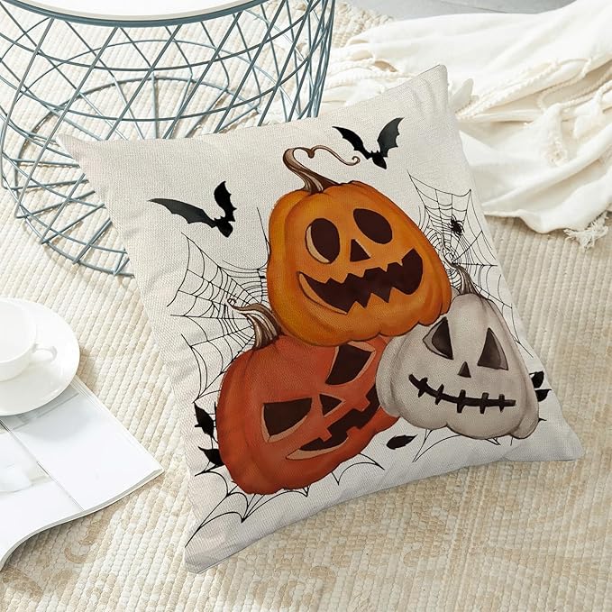 Halloween Pillow Covers 18x18 Set of 2 Black Spider Web Bat Orange Pumpkin Decorative Throw Pillow Covers Outdoor Decor Autumn Halloween Pillowcase Farmhouse Linen Cushion Case for Sofa Couch