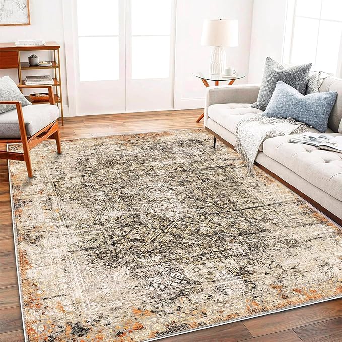 Area Rug 9'x12' Washable Vintage Traditional Mat Distressed Indoor Foldable Thin Retro Accent Floral Print Non Slip Carpet for Living Room Dining Room Office Large Rugs