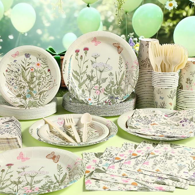400 Pcs Wild Floral Disposable Paper Plates Napkins Cups Serve 50 Watercolor Floral Tableware Set for Spring Wedding Tea Party Decoration Bridal Baby Shower(Vintage Color, Classic Style)