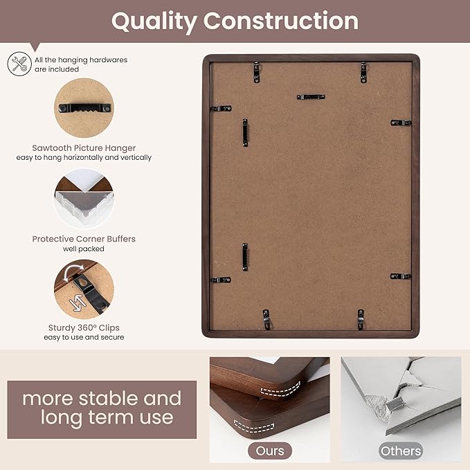11x14 Picture Frame - Solid Walnut Wood Frame With Mat For 8x10, 11x14 Poster Frame, Plexiglas and Hanging Hardware Included, 11 By 14 Picture Frame Wood, Natural Walnut