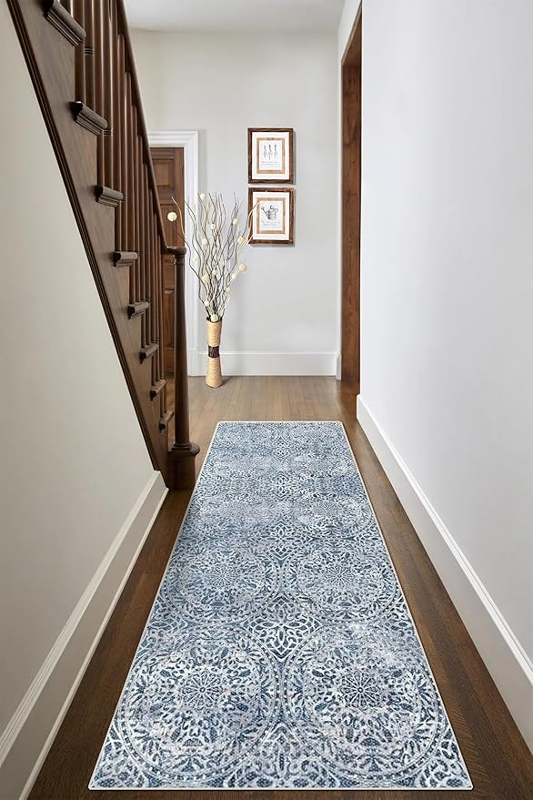 vivorug Blue Runner Rug 2x10 Machine Washable Rug with Non-Slip Backing, Ideal for Kitchen Hallway Entryway Laundry Room - Vintage, Durable, Easy Clean, Low Pile Carpet Runner