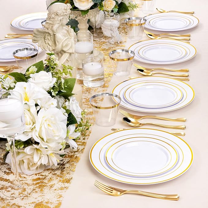 bUCLA 300PCS Gold Disposable Dinnerware Set - White and Gold Plastic Plates 50 Guests - Include 50 Dinner Plates,50 Dessert Plates,50 Knives,50 Forks,50 Spoons,50 Cups for Party, Fall & Thanksgiving
