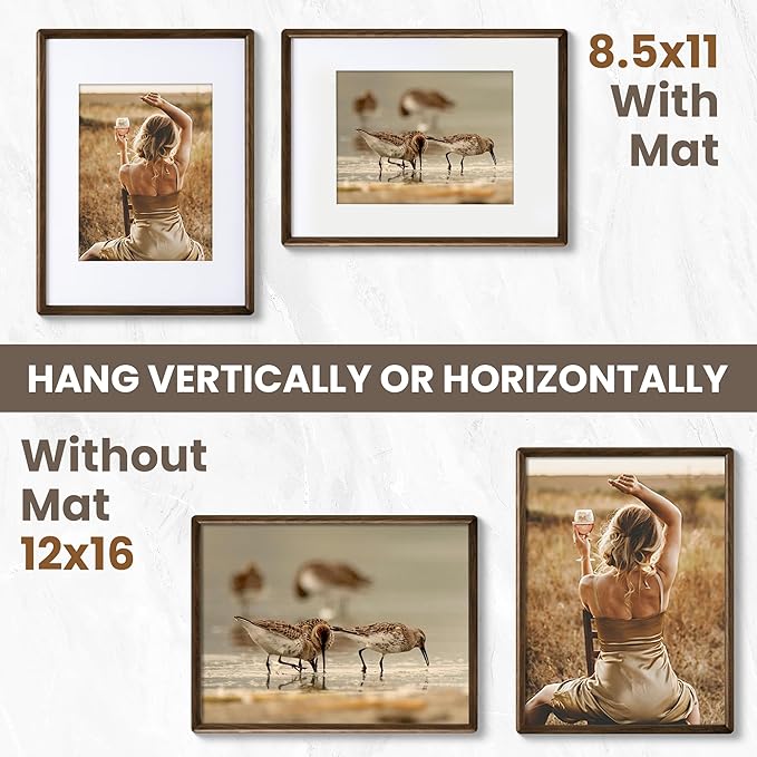 12x16 Picture Frame - Solid Walnut Wood Picture Frames with HD Tempered Glass, Handcrafted Rounded Corner 12 x 16 Wooden Frame Matted to 8.5x11 Photos, Horizontal or Vertical Wall Display, 1 Pack