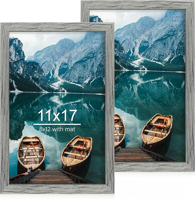 11x17 Frame Set of 2, Rustic Grey Wood Style - Display 11 x 17 Poster without Mat or 8x12 Picture with Mat, Wall Mounting Horizontal and Vertical