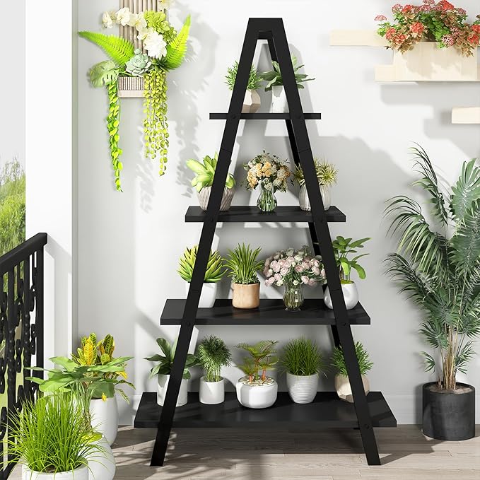 DKLGG 4-Tier A-Shaped Bookshelf, Industrial Metal Bookcase, Standing Bedroom Ladder Shelf, Open Display Shelves, Plant Stand Shelf Indoor, MDF Bookshelves for Living Room, Office, Small Spaces