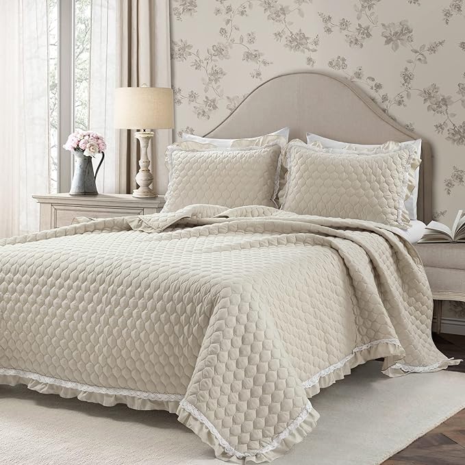 Lush Decor Ella Ruffle Lace Quilt, 3 Piece Set, Full/Queen, Neutral - Cute Quilt - Queen Bedding Set - Beige Bedding Full Size - Coquette Decor - Neutral Ruffle Trim - Beige Lace Trim