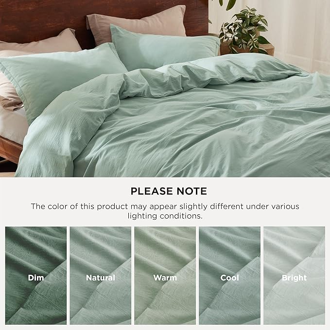 Bedsure 100% Washed Cotton Duvet Cover King Size - Sage Green Minimalist Cotton Duvet Cover Linen Like for All Seasons - GentleSoft™ Plain Simple Bedding, 3 Pieces (Sage Green, King, 104"x90")