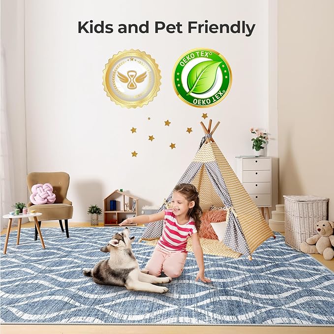 WITSHOCK 9x12 Area Rugs: Washable Non-Slip Soft Geometric Boho Print Pattern Large Thin Indoor Rug for Living Room Bedroom Dining Room, Carpet for Nursery Playroom Decor, Kid & Pet Friendly, Blue