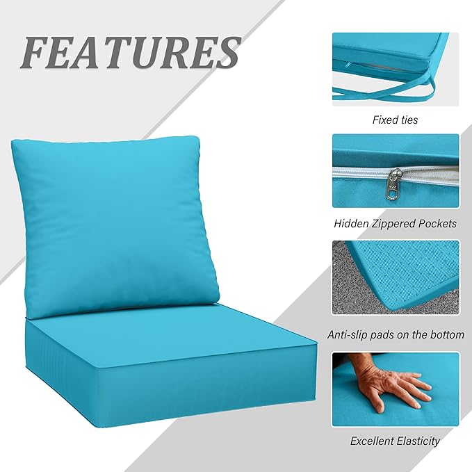 Outdoor Seat Cushion Set 24 x 24 x6.5 Inch Splash-Proof & Fade Resistant Patio Furniture Cushions with Removable Cover Deep Seat & Back Cushion with Straps for Chair Sofa Couch