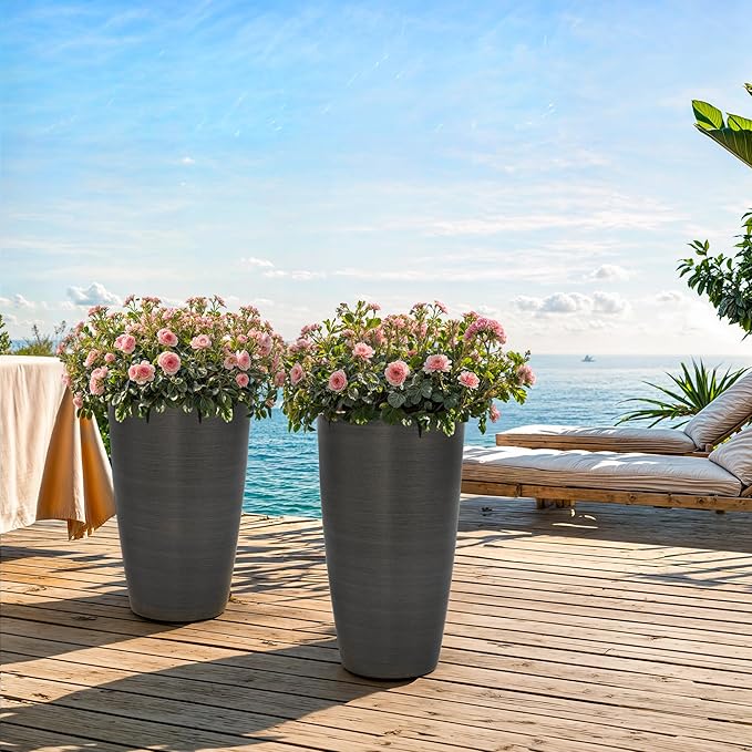 22.8" Large Tall Pot Planters, Set of 2 Modern Flower Pots with Handmade Brushed Metal Finish, Weather-Resistant for Indoor/Outdoor Year-Round Use