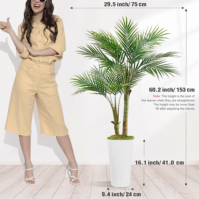 Artificial Palm Tree 5FT - Vitalismo Fake Plants with White Tall Planter, Faux Tropical Golden Cane Palm Tree with Two Trunks and 18 Realistic Palm Leaves, Indoor Floor Plants for Home Office Decor