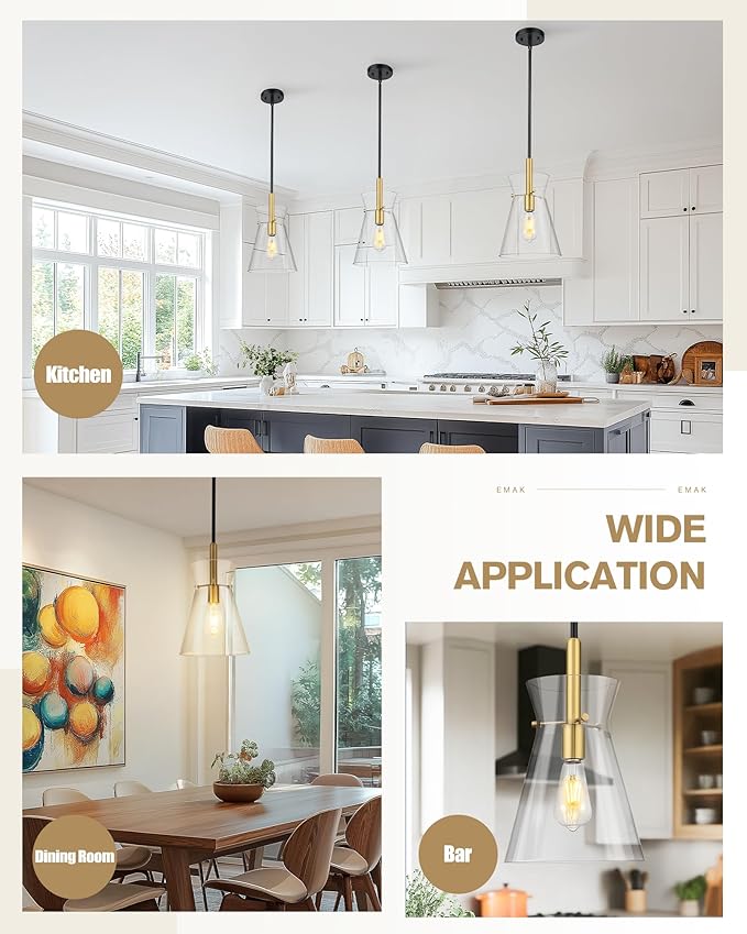 Emak Black and Gold Pendant Light Fixtures, 9 Inch Clear Glass Pendant Lights Kitchen Island, Modern Farmhouse Large Hanging Lights for for Kitchen, Dining Room, Bathroom, PL130-BKBGD-CG