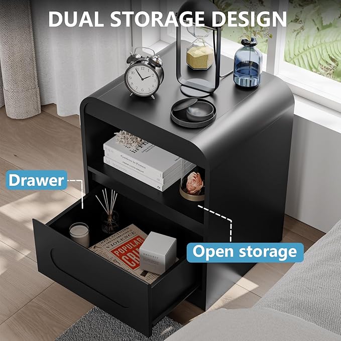Night Stand Nightstand with Drawer Storage Curved Bed Side Table End Table Large Modern Wide Bedside Stand Tall Night Stands for Bedroom Living Room Sofa Couch Home Office, Black