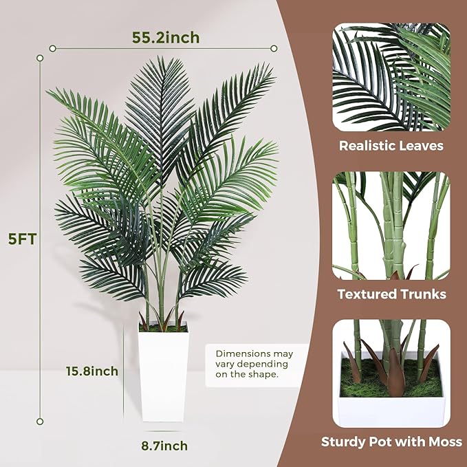 Artificial Areca Palm Tree 5FT Fake Potted Plant Faux Silk Tropical Areca Palm Real Bark Design, Large Artificial Plant in Tall White Pot for Home Living Room House Warming Floor Decor