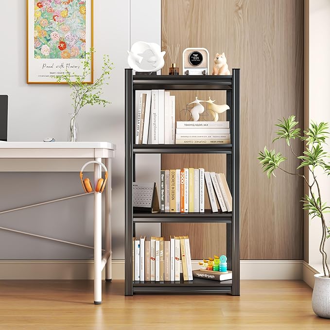 Tall Bookshelf with Open Shelves, Metal Office Book Shelf, Adjustable Organizer Bookcase, Standing Storage Organizer Shelf for Living Room (24" W*14" D*44" H)