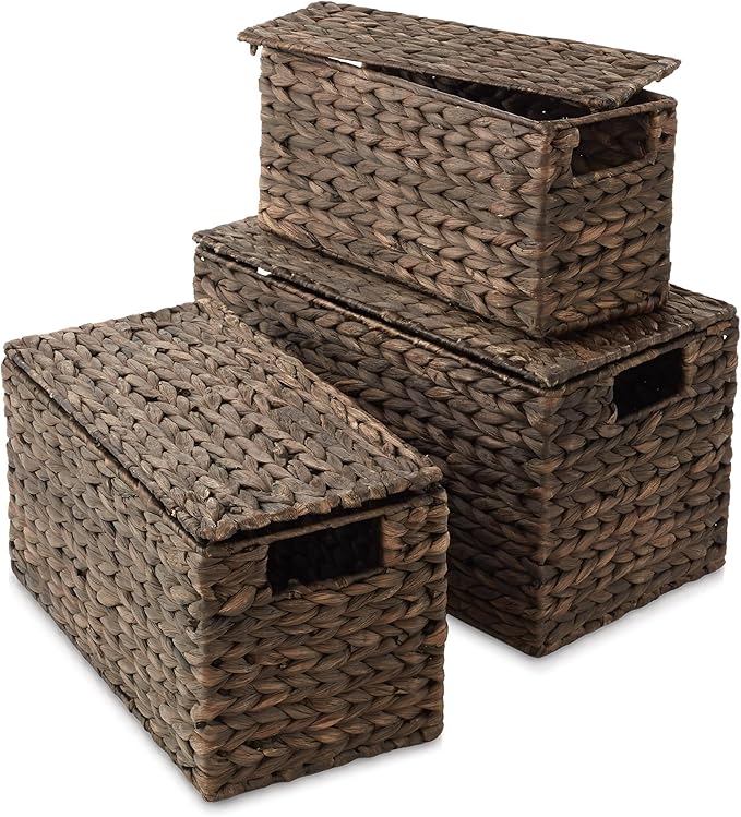 Casafield Set of 3 Water Hyacinth Storage Baskets with Lids, Espresso - Small, Medium, Large Woven Nesting Bins for Bathroom, Bedroom, Closets, Shelves