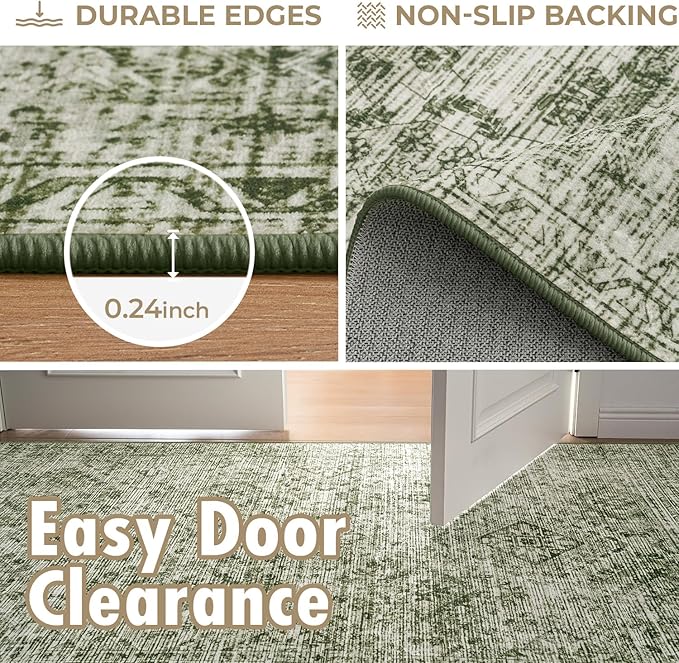 MIULEE 5x7 Vintage Living Room Rug Washable Area Rugs Low Pile Floor Mat for Bedroom Dining Room Non-Slip Stain Resistant Soft Indoor Carpet for Home Decor, Green